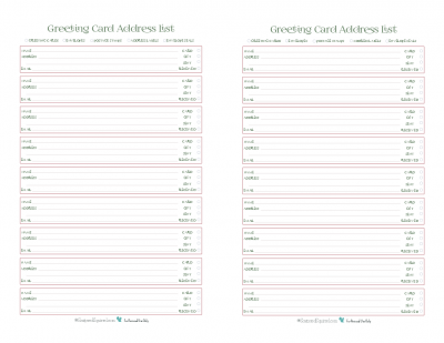 This handy printable is an address book and tracker all in one. Keep addresses all in one place and check off whether you've sent each person a card and/or gift and whether or not they have received it.