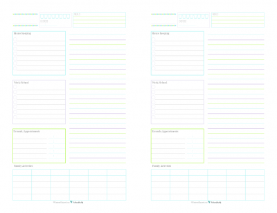 These half-size daily planner printables are a great way to keep track of routine things you do every day. Log water consumption and exercise, plan your meals, routine housekeeping tasks, work/school to do's, errand to run appointments to keep, there is even room to jot down the activities your family is up to that day. Use the lined section on the right hand side for note, an extra to do list, a shopping list or as an agenda.