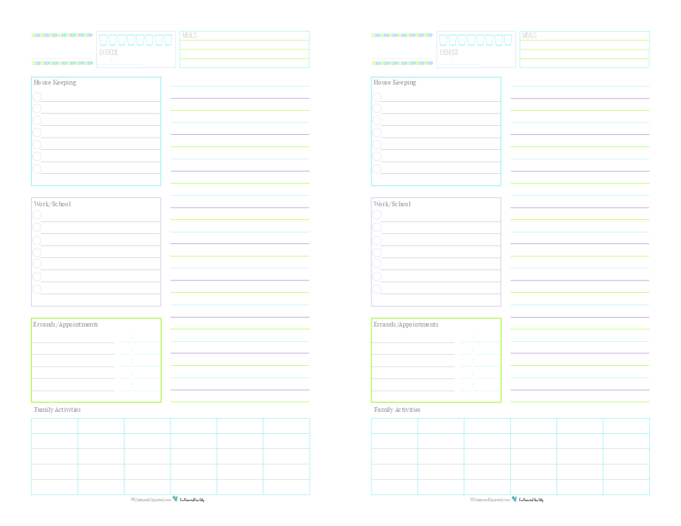 These half-size daily planner printables are a great way to keep track of routine things you do every day. Log water consumption and exercise, plan your meals, routine housekeeping tasks, work/school to do's, errand to run appointments to keep, there is even room to jot down the activities your family is up to that day. Use the lined section on the right hand side for note, an extra to do list, a shopping list or as an agenda.