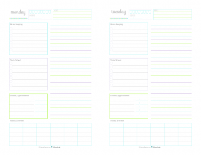 A collection of 7 Half-Size Daily Planner Printables for keeping track of routine things you do every day. Log water consumption and exercise, plan your meals, routine housekeeping tasks, work/school to do's, errand to run appointments to keep, there is even room to jot down the activities your family is up to that day. Use the lined section on the right hand side for note, an extra to do list, a shopping list or as an agenda.