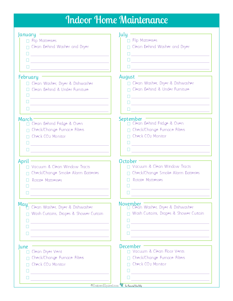 Stay on top of those monthly indoor home maintenance jobs with this Indoor home maintenance checklist.