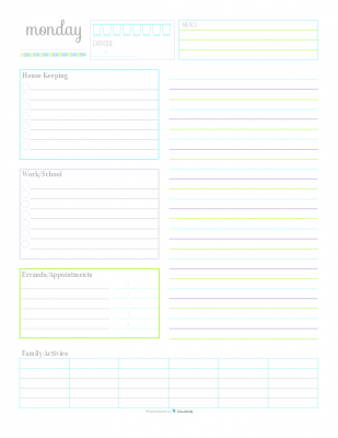 A collection of 7 Daily Planner Printables for keeping track of routine things you do every day. Log water consumption and exercise, plan your meals, routine housekeeping tasks, work/school to do's, errand to run appointments to keep, there is even room to jot down the activities your family is up to that day. Use the lined section on the right hand side for note, an extra to do list, a shopping list or as an agenda.