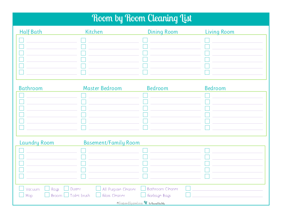 Keep track of non daily cleaning tasks for each room with this handy room by room cleaning checklist.