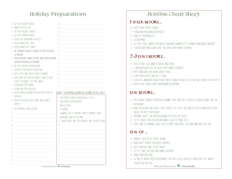 Half-size versions of the holiday preparations and hostess cheat sheet checklist printables.  Use both to help keep the holiday season as stress free as possible.