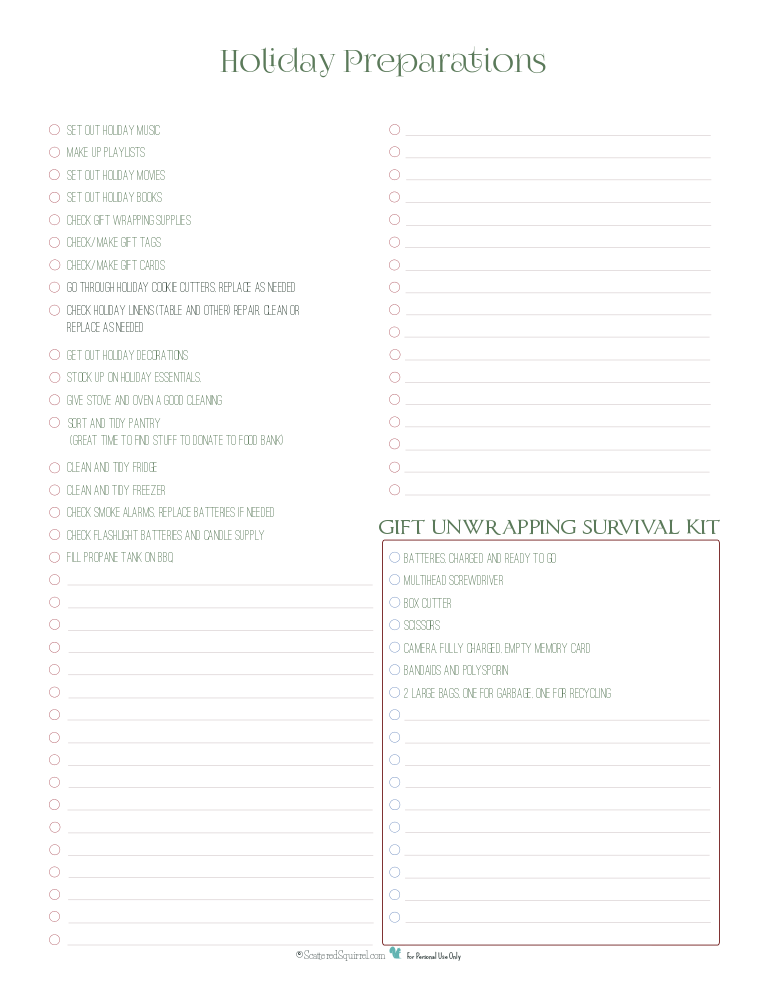 Holiday Preparations Checklist- Keep track of all you need and what you have to do to be organized this holiday season with this handy printable.