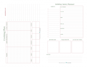 This half-size planner page features the cooking plan and holiday menu planner pages. Use these two to plan and organize your holiday meal so you can spend more time enjoying being with your family and friends.