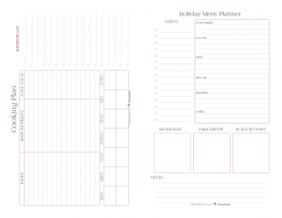 This half-size planner page features the cooking plan and holiday menu planner pages. Use these two to plan and organize your holiday meal so you can spend more time enjoying being with your family and friends.