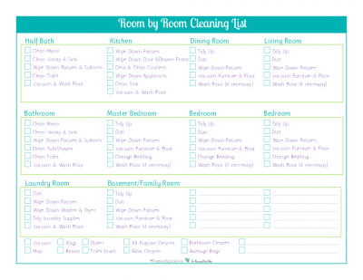 Do your cleaning room by room and keep track of what you've done with this handy room by room cleaning checklist.