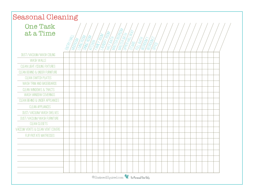 Whether you are going to do one task a day through all rooms, or just want something to keep track of what seasonal cleaning tasks have already been completed, this is seasonal cleaning checklist is here to help.