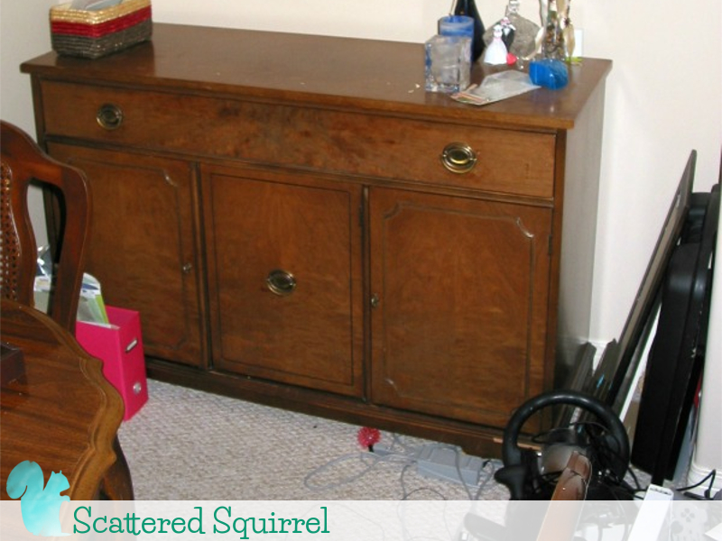 Cluttered buffet area from when we moved things around between the living room and family room.