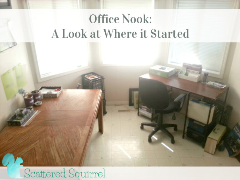 Office Nook A Look at Where it Began. I'm working on organizing my office ... again! This small, hard working space is really giving me some grief when it comes to find the right systems for it. I thought it would be fun to take a peak at where it started from before I start sharing some of the updates.