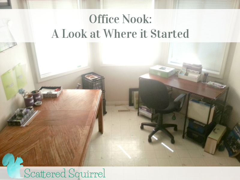 Office Nook A Look at Where it Began. I'm working on organizing my office ... again! This small, hard working space is really giving me some grief when it comes to find the right systems for it. I thought it would be fun to take a peak at where it started from before I start sharing some of the updates.