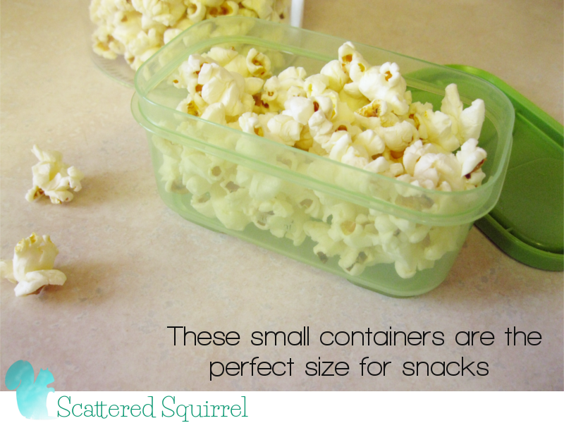 The smaller snack containers hold 3/4 cup, the perfect amount for a yummy snack.