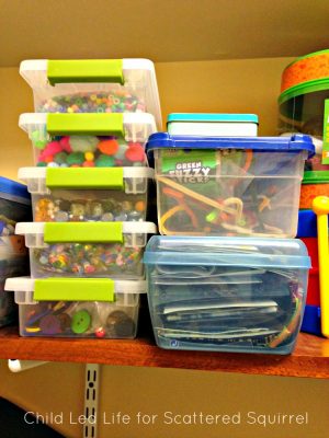 Clear plastic bins are an excellent choice to organize you homeschool supplies