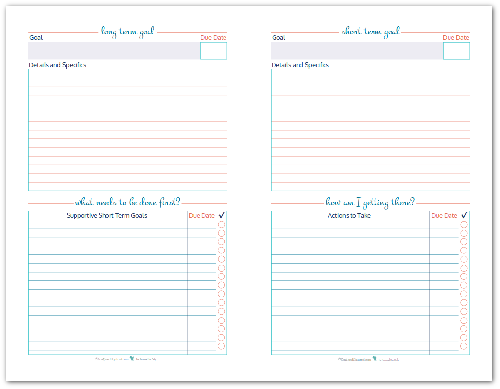 half size long term and short term goal setting worksheets