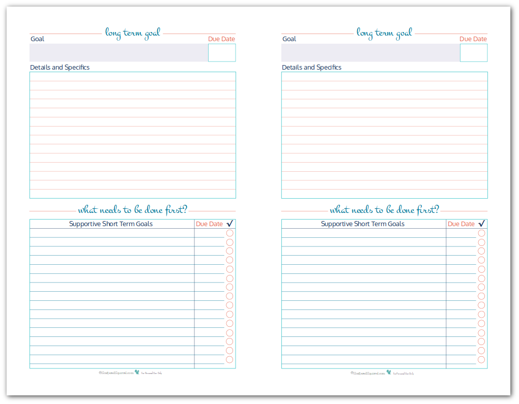 Half-Size Long Term Goal Setting Worksheet Printables to help you set, plan and track your long term term goals.