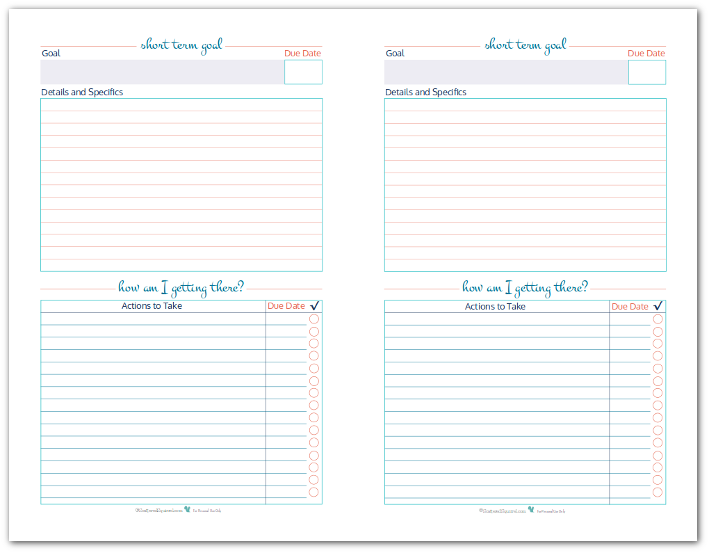 Half-Size Short Term Goal Setting Worksheet Printables to help you set, plan and track your short term term goals.