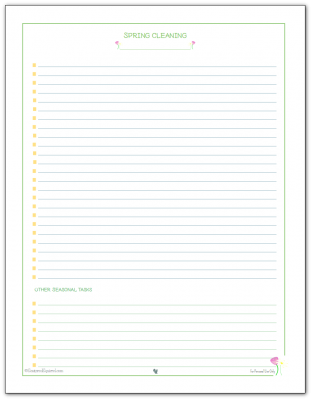 Jot down spring cleaning tasks on this handy spring cleaning checklist. Assign one room per page, or use one pages per day, whichever works for you.