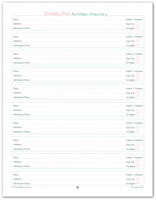 Use this handy free printable to keep track of activities your family likes to do together. All the information is right at your finger tips, including admission costs and whether or not you thought it fun enough for a second visit.