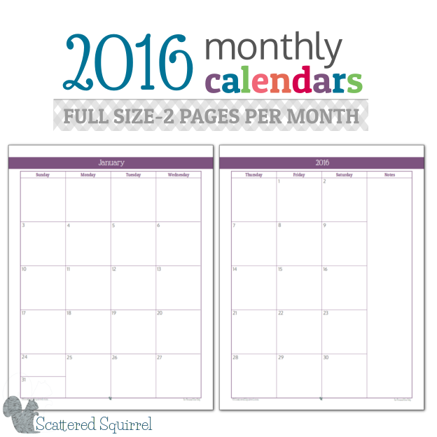 2016 Monthly Calendar- This full size monthly calender features one spread out over two pages for more writing room.