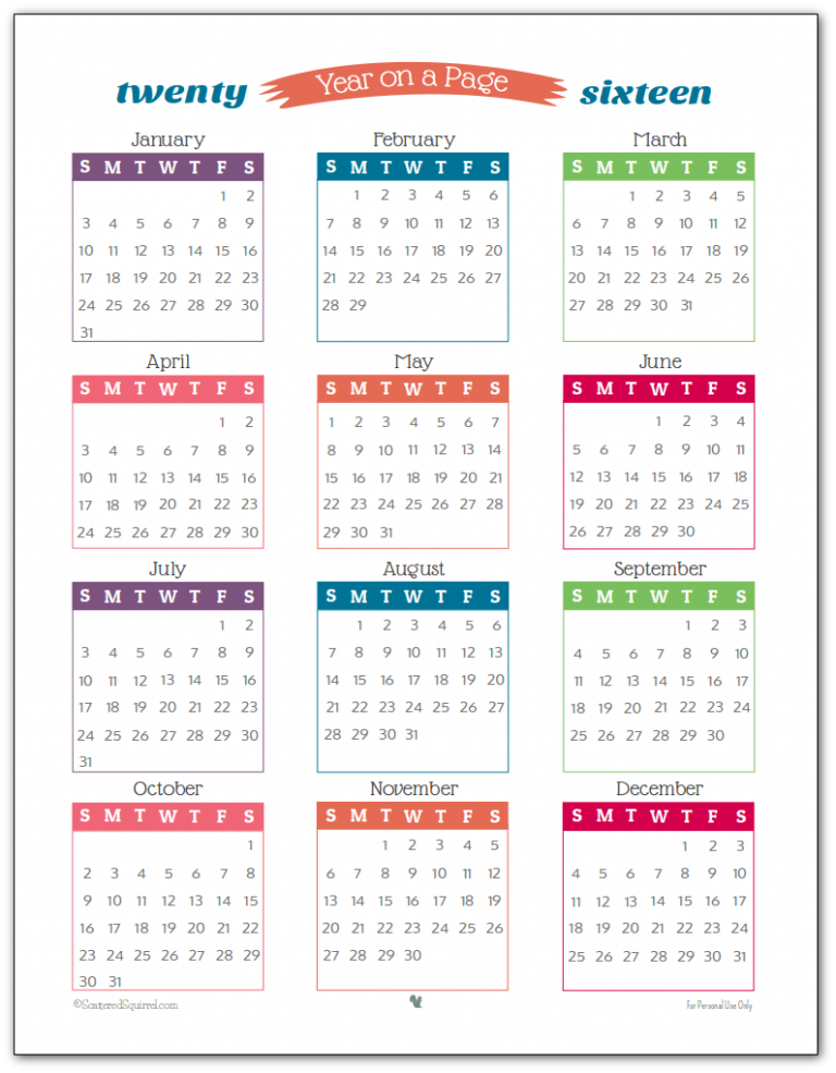 2016 Year on Page Printable Calendars are Here!