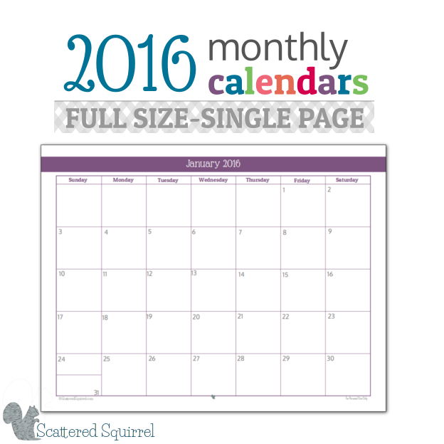 2016 Monthly Calendar - This full size monthly calendar is features a classic layout with one month per page.