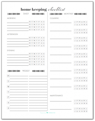 Here's a Black and White version of our home keeping schedule checklist. It's blank so that you can customize it how you see fit.