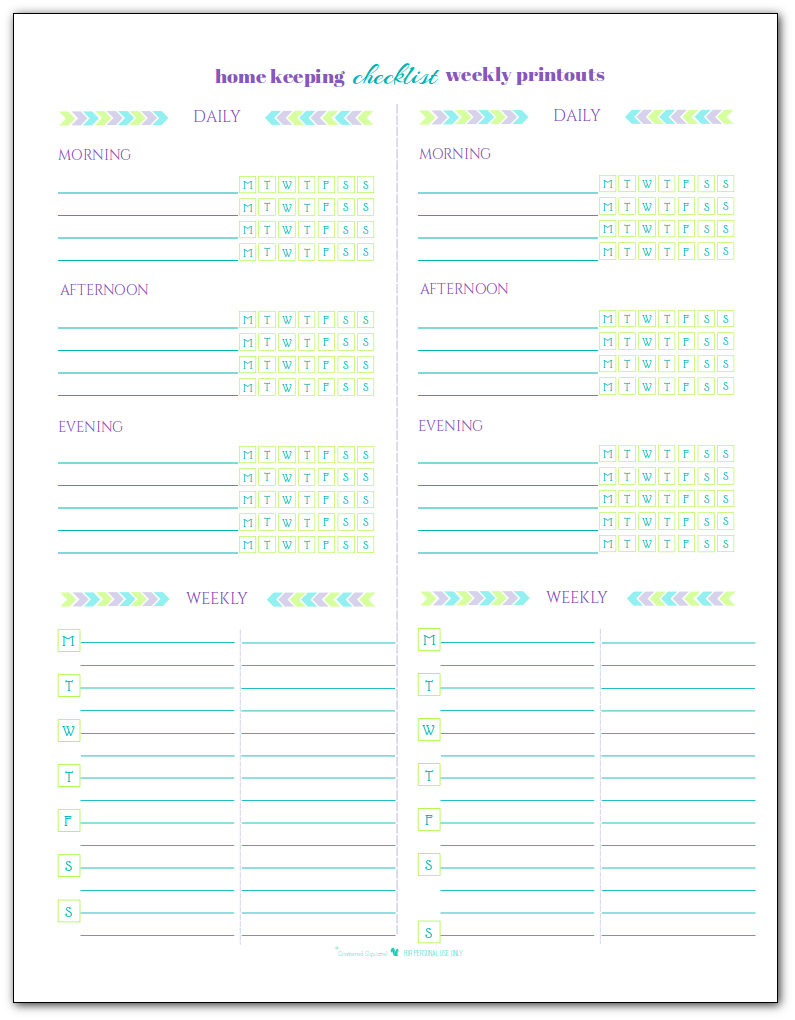 Use these blank weekly home keeping checklist pirntables with the home keeping checklist. Print these out and either fold or cut in half and you'll have a fresh checklist for each week.