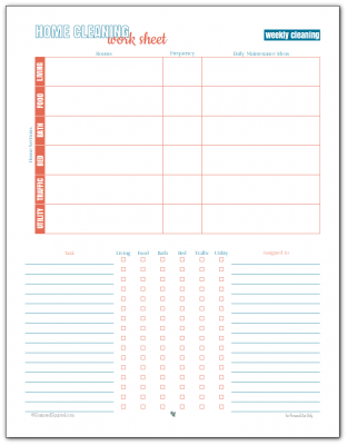 This home cleaning work sheet is a handy little tool to help figure out what weekly cleaning tasks need to be done, and who is going to do them.