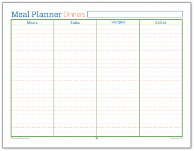 Meal Planner printable for dinners. I use this one to make sure I've planned for enough meats, veggies and sides to hold us until our next shopping trip.