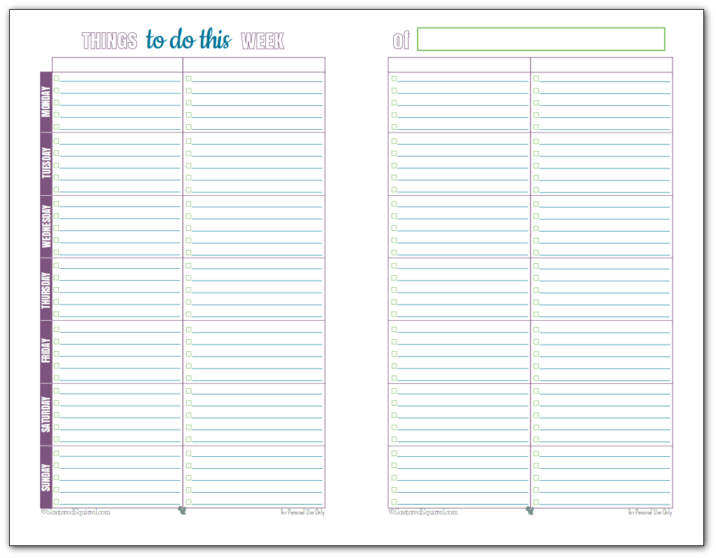 Half-size, free printable weekly to-do list. Keep track of your most important tasks, and avoid overloading your to-do list.