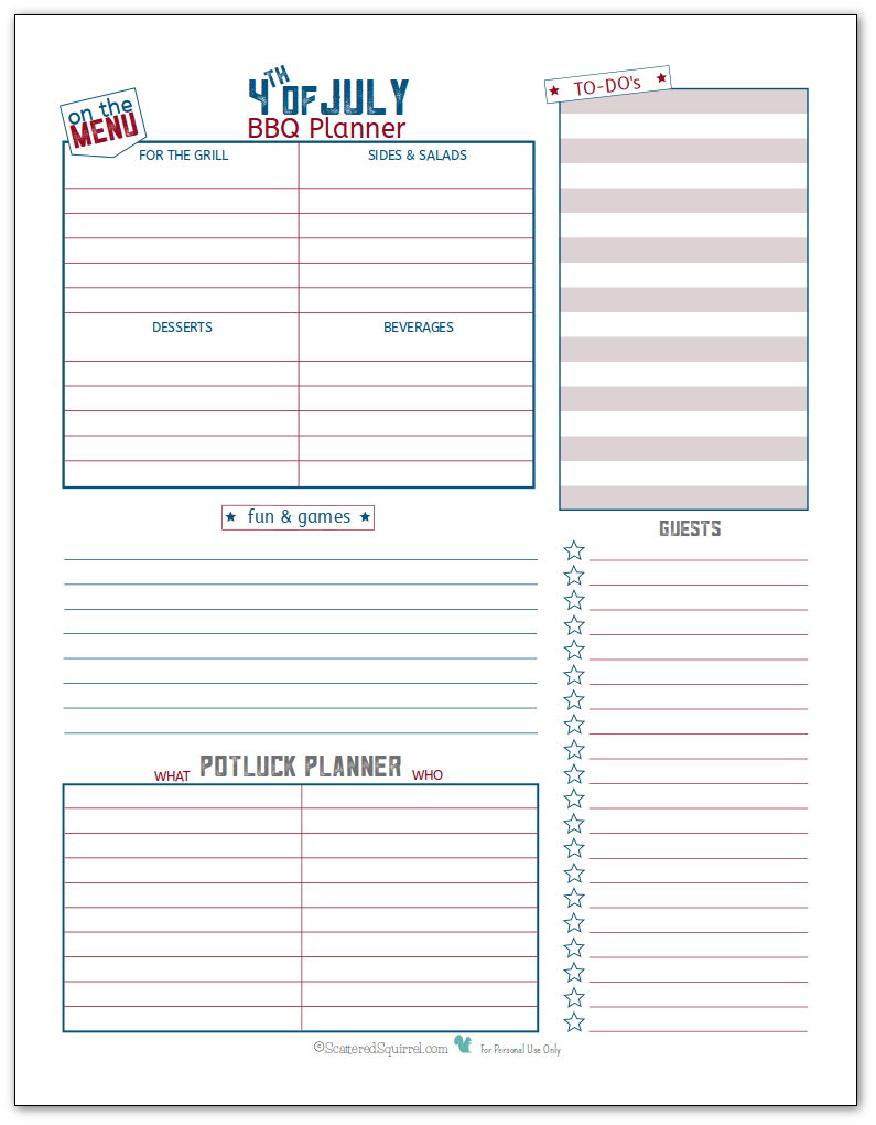 Plan a great BBQ for the Fourth of July to celebrate with family and friends. This holiday planner printable will be a helpful little tool to help keep track of all the little details