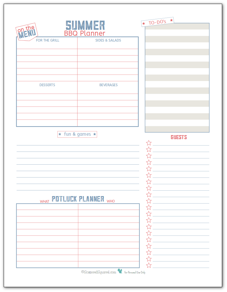 Summer BBQ planner printable in blue and pink