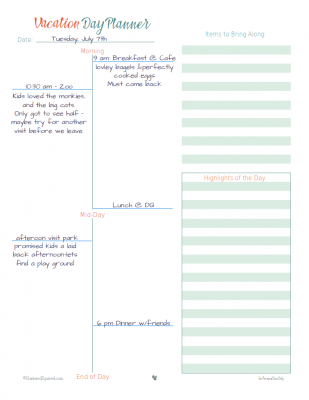 This is an example of how to use the vacation day planner printable.