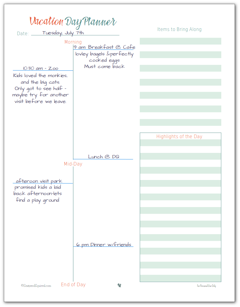 This is an example of how to use the vacation day planner printable.