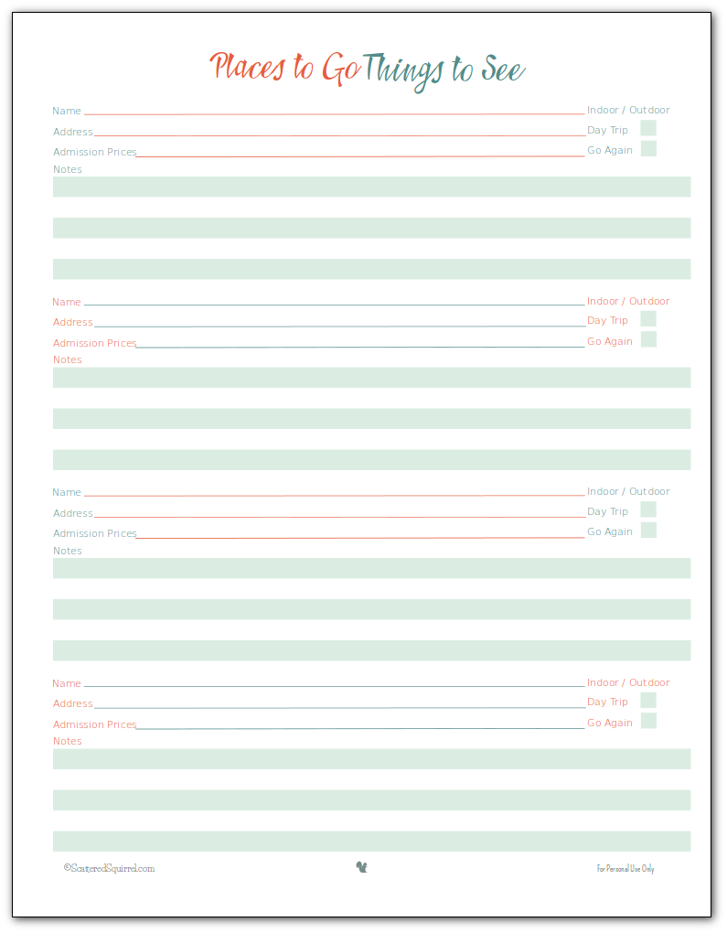 Visiting new or old places is so much fun. Keep track of the places you want to go and things you want see with this handy vacation planner printable.