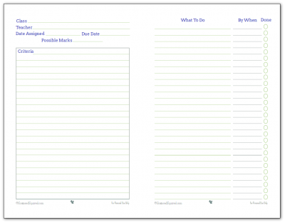 Students can use this half-size homework planner printable to help plan large projects. Blue, Green and Grey colour scheme