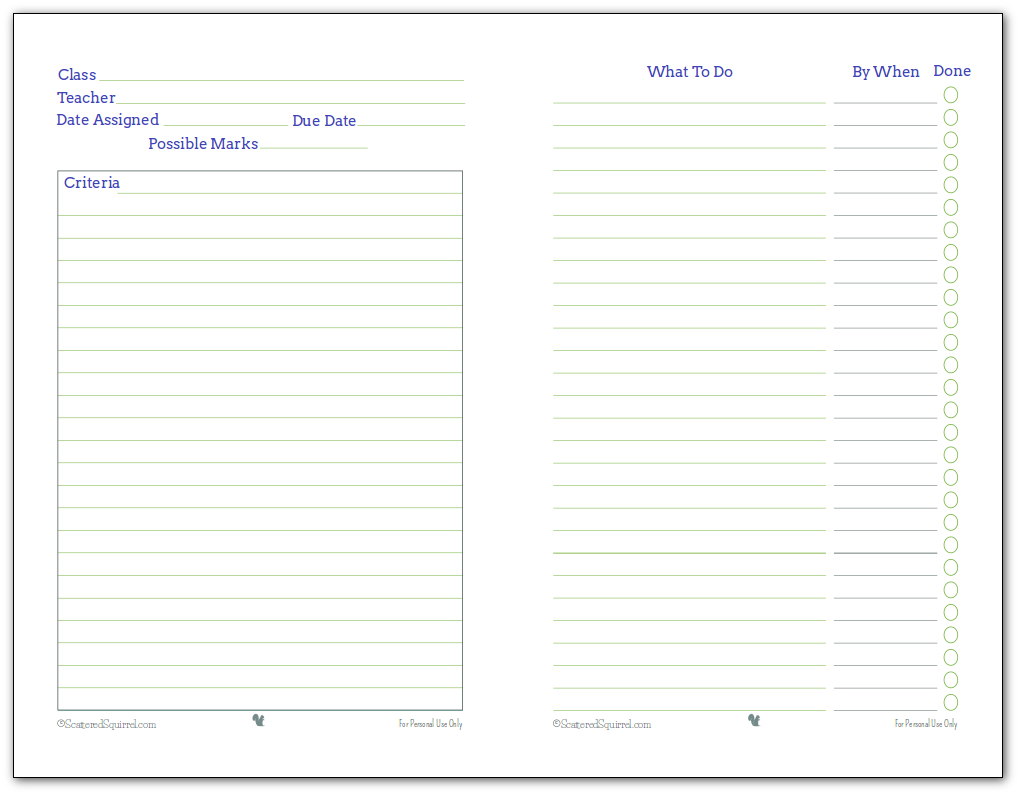 Students can use this half-size homework planner printable to help plan large projects. Blue, Green and Grey colour scheme