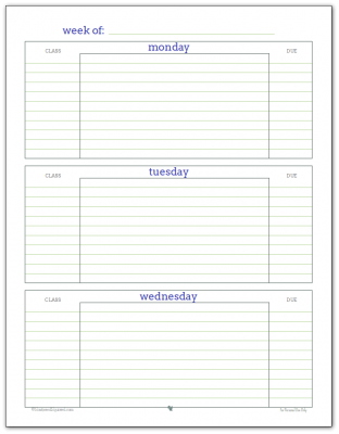 Weekly student planner printable - Page 1 Blue, Green and Grey colour scheme