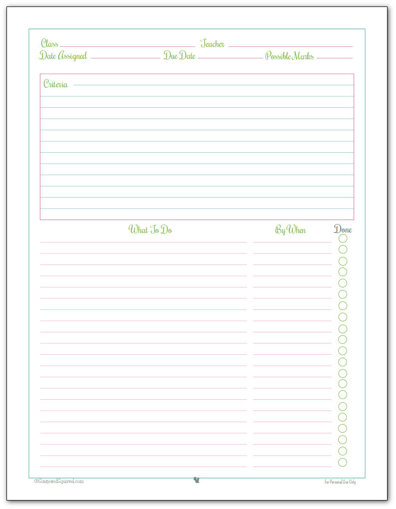Students can use this homework planner printable to help plan large projects. Blue, Green and Pink colour scheme