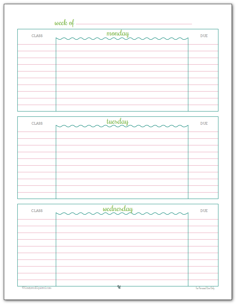 Weekly student planner printable - Page 1 Blue, Green and Pink colour scheme