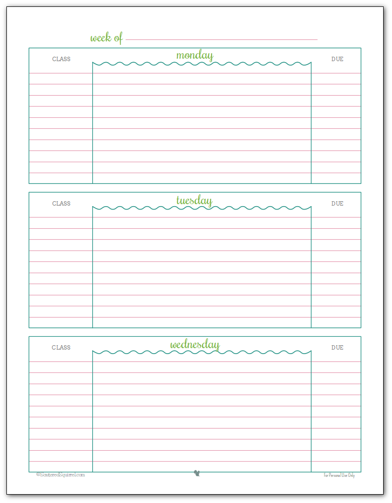 Homework Organizer Kids Student Calendar Planner Printable