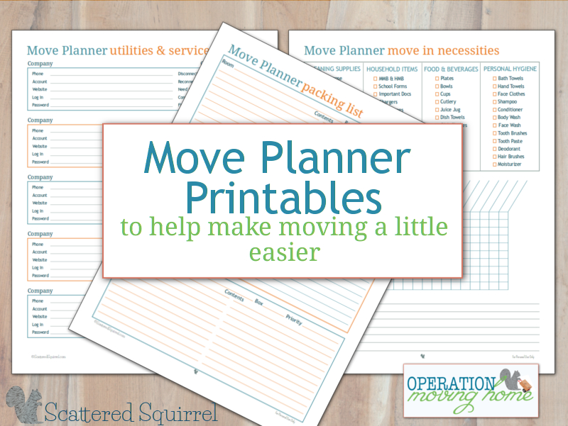 The move planner printables will help you keep track of your packing, your move-in necessities and what services and utilities you need to move, close or set up.