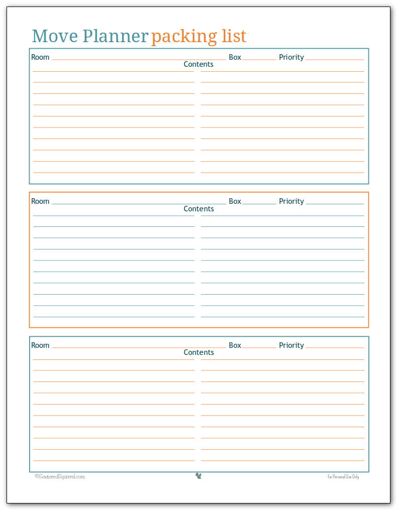 Use this packing list printable to help keep track of what you've packed, where you packed it and what priority level it is for unpacking.