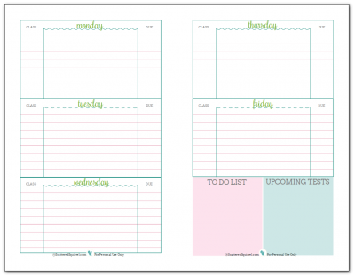 Weekly student planner printable, half-size. Recommended for middle and highschool students. In a blue, green and pink colour scheme.