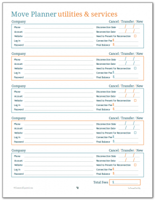 Moving isn't just packing, you also have to make sure you move your utilities and services to your new home. Use this handy printable to keep track of what companies you're dealing with, whether you're canceling your service, moving it or starting a new account, and how much it's going to cost!