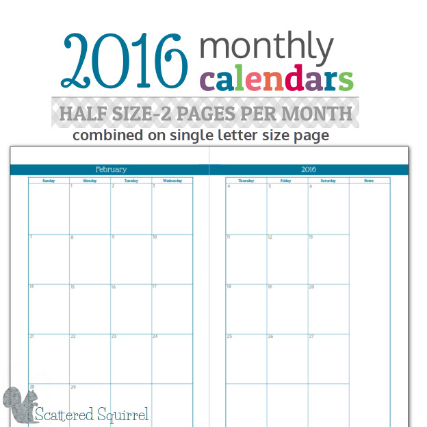 2016 half-size monthly calendars that print two to a page for those who don't want to print double-sided or precut their paper.