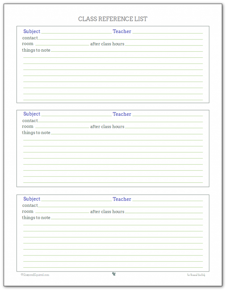 Student Planners - Class Schedules and Reference Sheets