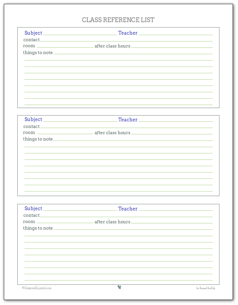 Class Reference Printable - Keep track of who your teacher is for each subject as well other information that might be important for each subject. Grey, Blue and Green colour Scheme.