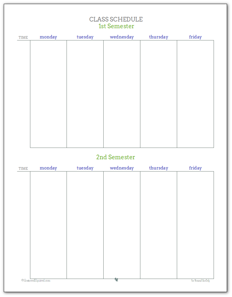 Class Schedule Printable - Grey, Blue and Green